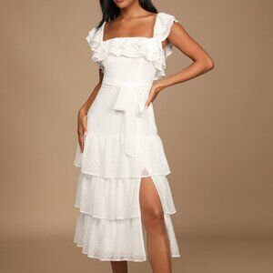 Lulus Dear To My Heart White Swiss Dot Tiered Ruffled Midi Dress - Size XS